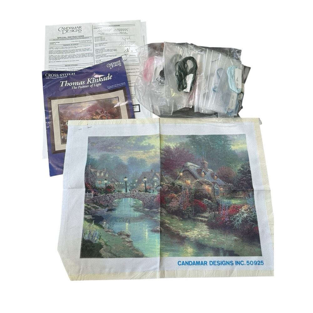 Thomas Kinkade Lamplight Bridge Cross Stitch Kit #50925 Started VTG 1996 READ